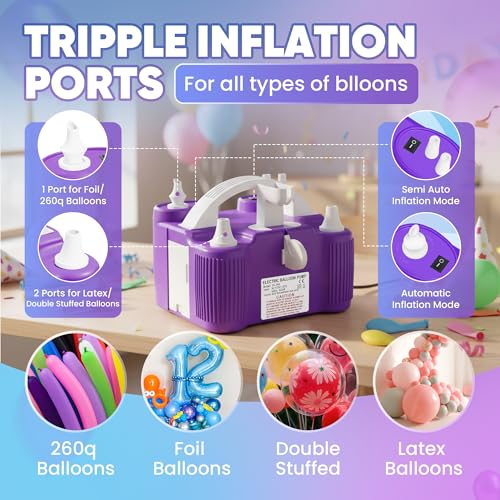 4-in-1 Balloon Pump Electric - Triple-Port 600W Air Pump for Balloons Latex, Foil Mylar Balloon, 260Q | Inflatables & Sports Balls | Portable Electric Balloon Pump with Hose, Nozzles & Ball Needles