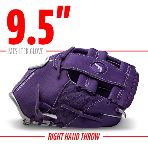 Franklin Sports Kids Baseball Glove + Foam Ball Sets - Meshtek Youth Teeball Gloves for Kids + Toddlers - Left + Right Hand Throw - 9.5" Inch - color: Purple/Chrome