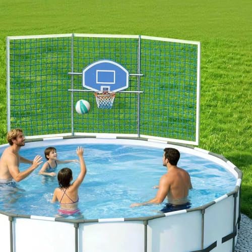 ECOPOOLTECH Pool Basketball Hoop with Backstop Net for Round Above-Ground Pools Only, Height Adjustable Thick PVC Backboard, Sturdy Stainless Steel Frame, Includes Basketball and Pump. - color: Navy Blue