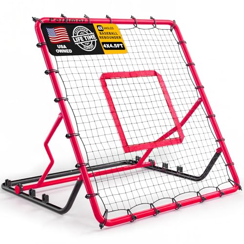 Baseball Rebounder Net,4x4.5FT Multi-Sport Pitch Back Rebounder Steel Frame with 4 Adjustable Angles, 40pcs Bungees Soccer, Volleyball&Lacrosse Trainer for Solo Fielding - color: Red