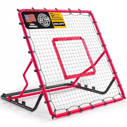 Baseball Rebounder Net,4x4.5FT Multi-Sport Pitch Back Rebounder Steel Frame with 4 Adjustable Angles, 40pcs Bungees Soccer, Volleyball&Lacrosse Trainer for Solo Fielding - color: Red