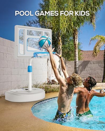 Stainless Steel Pool Basketball Hoop Poolside, Adjustable Swimming Pool Basketball Goal with 32 Inch Shatterproof Backboard, Poolside Water Basketball Hoop, 2 Balls & Pump Included (32in Pool Hoop)