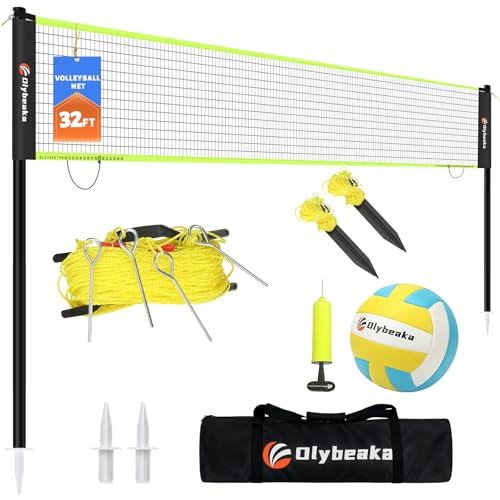 Portable Outdoor Volleyball Net Set for Backyard Beach with Adjustable Poles, Soft PU Volleyball & Pump, Carry Bag and Durable Anti-Sagging Net - color: Black and Green, size: 32ft
