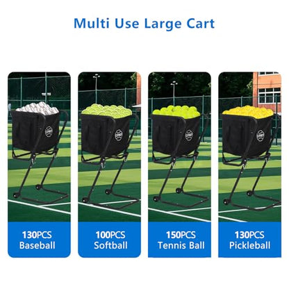 Portable Tennis Ball Hopper with Wheels, Foldable Ball Caddy Holder for Baseball, Pickleball, Softball and Tennis Balls, Large Capacity Basket for Easy Storage & Transport, Holds 100-150 Balls