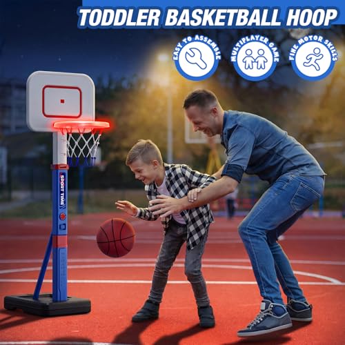 HYES Toddler Basketball Hoop with Scoreboard/LED Basketball Rim/4 Balls, 55" Height Adjustable Basketball Hoop for Kids 3-5, Indoor Outdoor Sport Toys Birthday Gifts for Baby Boys Girls
