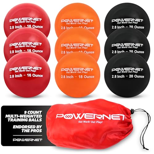 PowerNet 2.8" 9 Pack Weighted Progressive Training Balls for Hitting Batting, Build Strength & Muscle, Improve Technique, Baseball Size, Training Equipment for Throwing, 12 oz to 20 oz - color: PRO Pack | 16, 18, 20 Ounces
