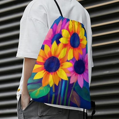 Waterproof Drawstring Bag Gym Sack Sports Backpack for Hiking Swimming Beach Yoga Gear Lightweight Unisex, Psychedelic Sunflower Bags - color: Picture (1006)