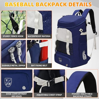 Youth Baseball Bag,Softball Backpack for 2 Bats with Ball Pocket,Large Lightweight Waterproof Softball Equipment Bag with Fence Hook and Separate Shoe Compartment