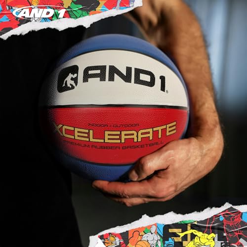 AND1 Xcelerate Rubber Basketball: Official Regulation Streetball, Made for Indoor/Outdoor Games - color: Red/White/Blue, style: Basketball w/ Pump