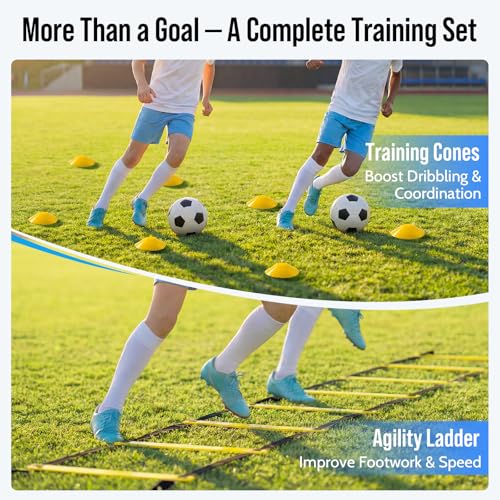 Soccer Goal for Backyard, 8x5/6x4 FT Heavy Duty Soccer Net with Safety Foam Padded Metal Post, Durable Goals with Training Set Agility Ladder & 12 Cones for Youth & Adults Practice - size: 6x4 FT
