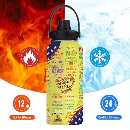 Softball 32oz Stainless Steel Tumbler Insulated Water Bottle for Men Women, Softball Gifts for Women Girls Sport Player Fan Coach - color: Softball