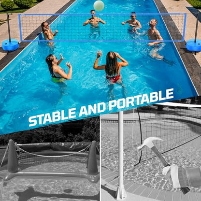 Haokelball LED Pool Volleyball Net Set, 15-32ft Adjustable Volleyball Net for Pool with Heavy Duty Base, Pool Volleyball Set for Inground Pools, Pool Toys & Pool Games for Kids & Adults, 2 Balls