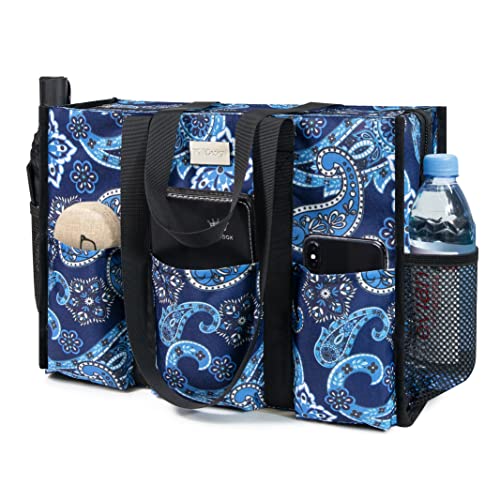 TOPDesign Utility Water Resistant Tote Bag with 13 Pockets, Top Zipper Closure & Thick Bottom Support, for Working Women - color: Blue Bandanna, size: Medium