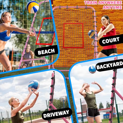 Adjustable Volleyball Rebounder Net 7x4 FT - Ultimate Training Equipment for Volleyball & Lacrosse Enhanced Bouncing System for Volleying, Bumping, and Spiking Drills - color: Pink