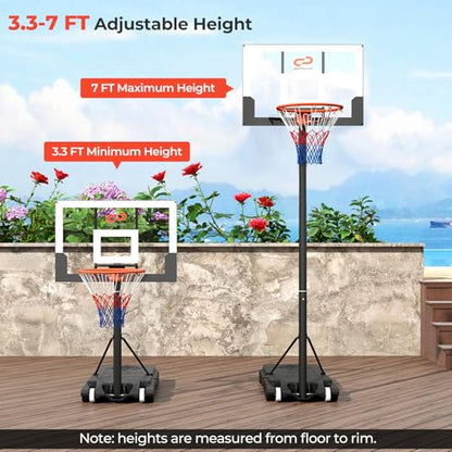 Goplus Basketball Hoop Outdoor, Portable 3.3-7FT/10FT Adjustable Basketball Goal System w/Shatterproof PC Backboard, Wheels for Adults in Pool Driveway Backyard - style: 3.3-7 FT, Black+White