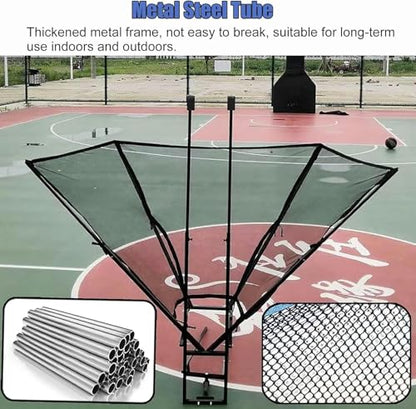 Inside Outside Hanging Basketball Hoop Return Attachment Lightweight Basketball Shooting Trainer Aid, Portable Basketball Rebounder Net Ball Return System with Chute