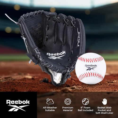 Reebok - Youth Baseball Glove Set, 9-Inch Kids Sports Glove with Foam Ball, Training Mitt for Beginners, Practice & Backyard Play - color: Black
