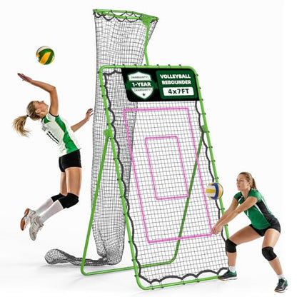 Volleyball Rebounder Net 7x4 FT, Adjustable Volleyball Training Equipment for Backyard Outdoor Solo Practice, Heavy-Duty 45-Layer Net with Ground Stakes & Target Belt