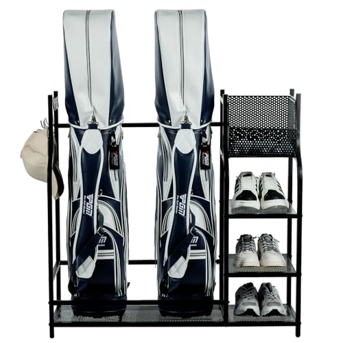 MyGift Golf Bag Stand for Garage, Black Metal Extra Large Golf Garage Storage Organizer with 4 Shelf Ball Holder, Shoe Organizer, and 5 Hook Hanger, Golf Accessories Gift for Men