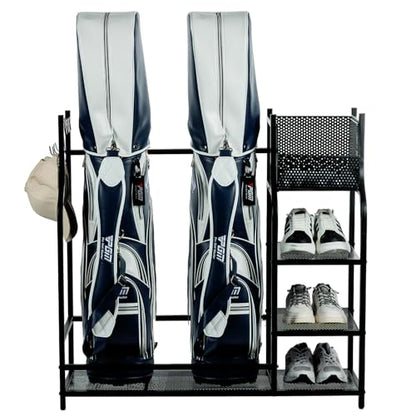 MyGift Golf Bag Stand for Garage, Black Metal Extra Large Golf Garage Storage Organizer with 4 Shelf Ball Holder, Shoe Organizer, and 5 Hook Hanger, Golf Accessories Gift for Men