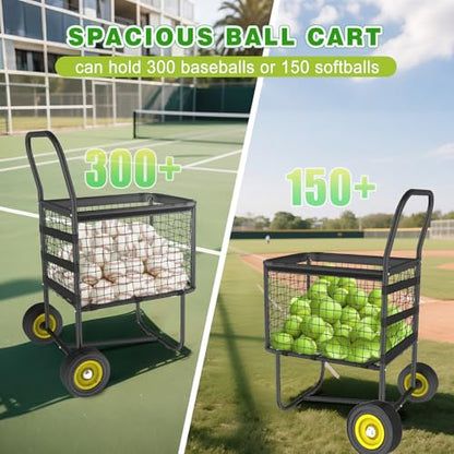 Baseball Cart with Wheels, Holds 300+ Baseballs or 150 Softballs, Heavy-Duty with Steel Frame Baseball & Softball Cart, Portable Ball Cart Storage for Field & Training