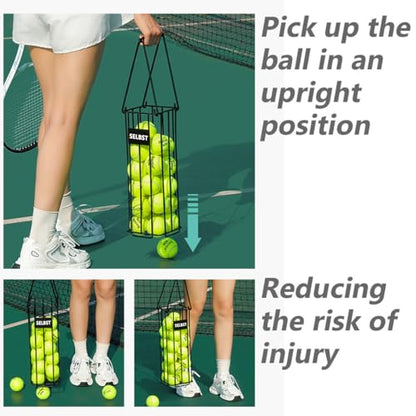 Selbst Tennis Ball Hopper, Tennis Balls Basket, Portable Pickleball Collector with Mesh Carry Bag - Large Capacity Carrier Picker Upper Caddy
