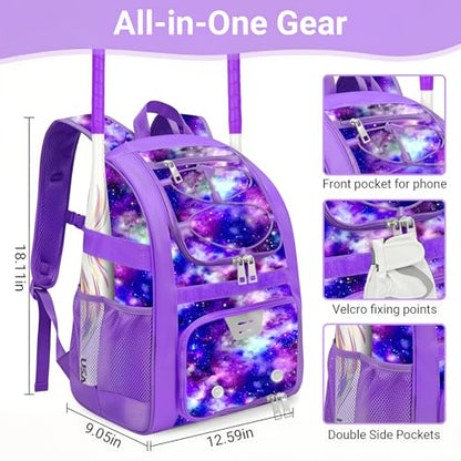 Youth Baseball Bag - Softball Bag for Girls & Boys with Shoes Compartment, Bat Backpack for Baseball, T-Ball & Softball Equipment - color: Starry Sky-Purple