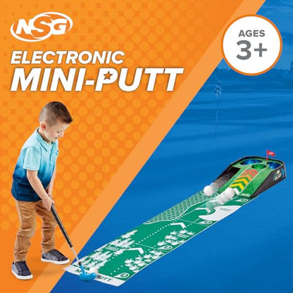 NSG Electronic Mini Golf Putting Game for Kids – Indoor Golf Toy with 4ft Mat, Aiming Pin Flag, Auto Ball Return, Cheers & Sounds, Lights, 3 Balls, Adjustable Putter – Fun Family Play, Ages 3+