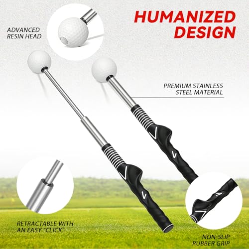 Retractable Golf Swing Trainer, Training Aid with Grip Trainer, Swing Mechanics for Beginners & Tempo Training for Advanced, Click Feedback, Arm Connection, Right/Left-Handed, Indoor/Outdoor