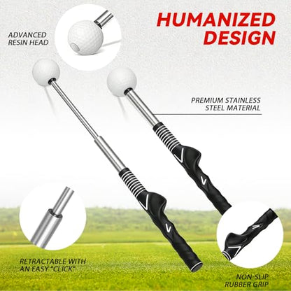 Retractable Golf Swing Trainer, Training Aid with Grip Trainer, Swing Mechanics for Beginners & Tempo Training for Advanced, Click Feedback, Arm Connection, Right/Left-Handed, Indoor/Outdoor