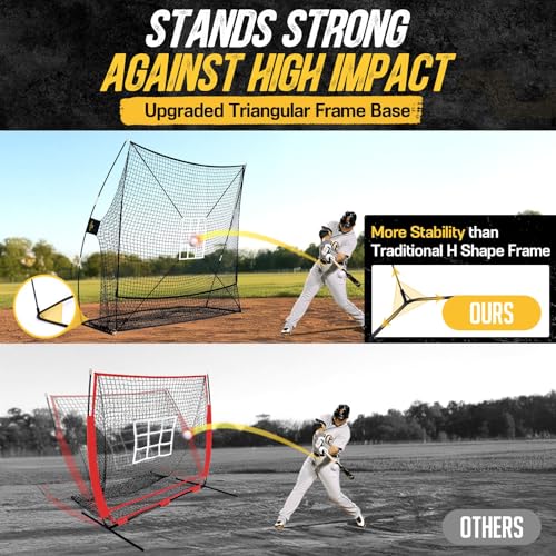 7x7 Baseball & Softball Net with Large Ball Collection System, Upgraded Triangular Base, Softball Pitching Net with 2 Strike Zone, Baseball Nets for Batting, Pitching, Fielding