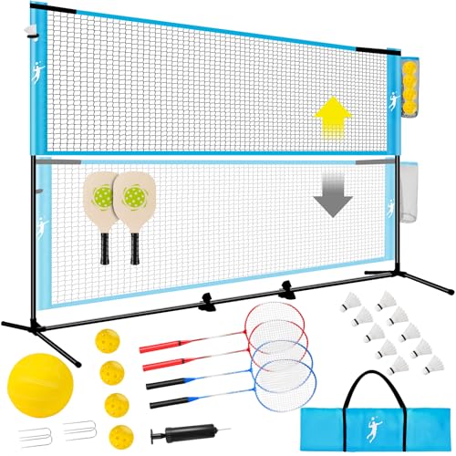 Pickleball Badminton Net Set for Backyards, All-in-One Portable Volleyball Combo Set with Adjustable Net, Volleyball Pickleball Paddles & Badminton Rackets for Indoor Outdoor - color: Blue Black, size: 10FT