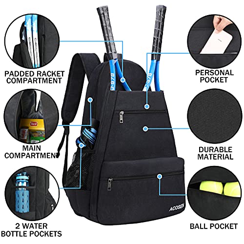 ACOSEN Tennis Bag Tennis Backpack - Large Tennis Bags for Women and Men to Hold Tennis Racket,Pickleball Paddles, Badminton Racquet, Squash Racquet,Balls and Other Accessories - color: Black - B