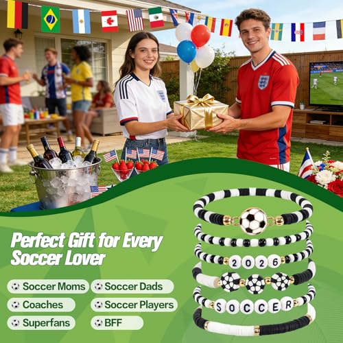 Soccer Gifts for Girls Boys Women - 2026 Soccer Bracelets for Game Day - Handmade Black White Heishi Beaded Stretchy Bracelet Stack Jewelry Team Gift for Players Fans, Sports Party Favors