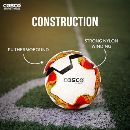 Cosco Dynamo Football, 32 Panels, Thermobound Football, Grained PU, Suitable for Soft & Wet Ground, Hard Ground with Grass & Artificial Turf, International Match Ball, Size – 5