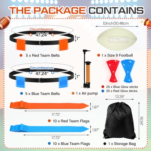 Libima Glow in the Dark Capture the Flag Game Sets, 10 Glow in the Dark Adjustable Flag Football Belts 1 Size 9 Luminous Football 50 Luminous Sticks 1 Storage Bag Outdoor Games for Kid Teen Day Night
