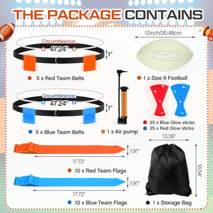 Libima Glow in the Dark Capture the Flag Game Sets, 10 Glow in the Dark Adjustable Flag Football Belts 1 Size 9 Luminous Football 50 Luminous Sticks 1 Storage Bag Outdoor Games for Kid Teen Day Night