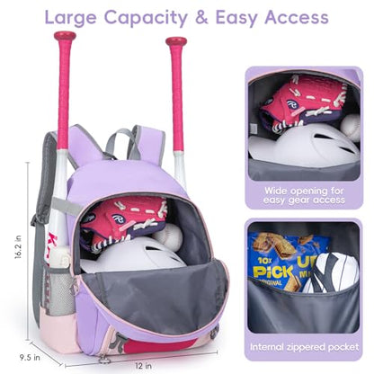 KAVIGOR 2026 Youth Baseball & Softball Bag | Ultra-Light Tball Backpack with Shoe Compartment & Helmet Holder | Skin-Soft Fabric - color: Berry Purple