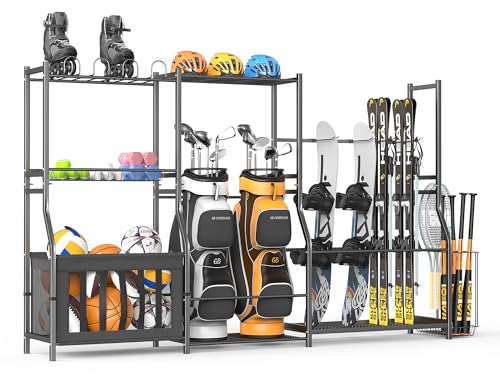 Ultrawall Sports Equipment Organizer, Heavy Duty Garage Golf Bag Stand, Ball Storage Rack with Basket, Garage Organization for Sports Gear and Toy Storage, Indoor/Outdoor Use