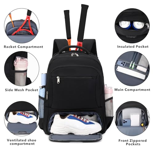ACESAK Tennis Backpack Tennis Bag for Women Men - Tennis Bag Holds 2 Rackets, Badminton Squash, Pickleball Paddles Balls - color: Black