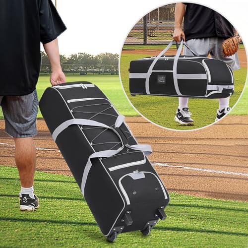 Large Rolling Baseball Catchers Gear Bag with Wheels, Softball Bag for 4 Bats,Equipment Bag with Separate Shoe & Helmet Compartments,Fence Hook for Youth & Adult