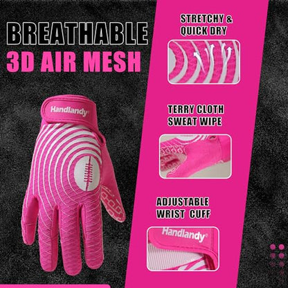 HANDLANDY Youth Football Gloves, Kids Sticky Receiver Gloves,Super Grip Football Glove Best Gift for Boys,Girls - color: Pink and White, size: X-Small-Youth