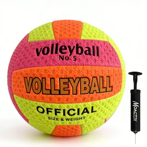 Official Size Volleyball, Neon Multi-Color, Machine Stitched Synthetic Leather, No. 5, Beach and Indoor Training - color: orange