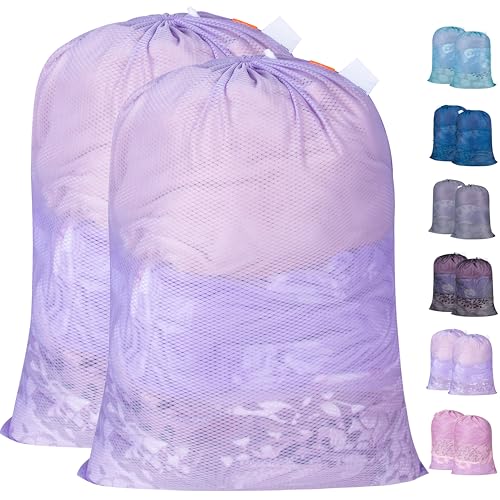Polecasa Heavy Duty Large Mesh Laundry Bags with ID Tag and Locking Drawstring Closure - 2 Pack, 24 x 36 inches - Laundry Hamper Liner, Washable Laundry Bag for Travel, Sports, Dorms (Purple) - color: Purple, size: 24"x36" | 2 Pack