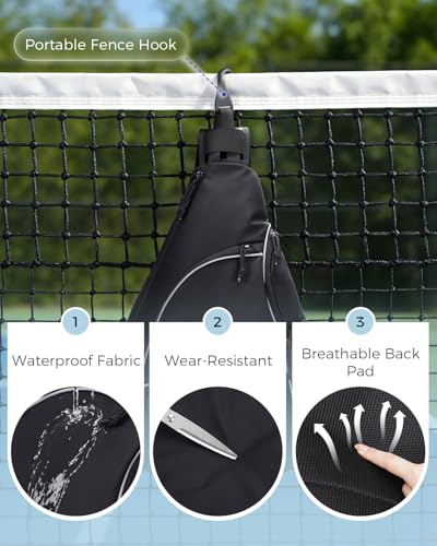 sportsnew Pickleball Bag for Men Women, Pickleball Sling Bag with Separate Paddle & Ball Compartment, Fence Hook, Phone Pocket for Quick Access, Waterproof Pickleball Backpack, Patent Pending - color: Black