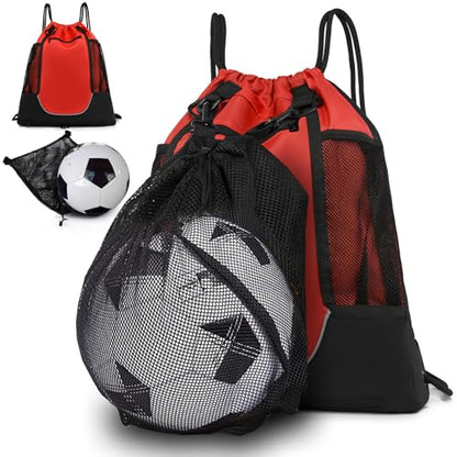 KAEGREEL Drawstring Soccer Bag Basketball Backpack for Kids Teens, Foldable Sports Bags Detachable Ball Mesh Bag for Gym Yoga Football Baseball - color: Red