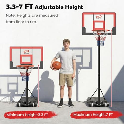 Goplus Basketball Hoop Outdoor, Portable 3.3-7FT/10FT Adjustable Basketball Goal System w/Shatterproof PC Backboard, Wheels for Adults in Pool Driveway Backyard - style: 3.3-7 FT, Black+Red