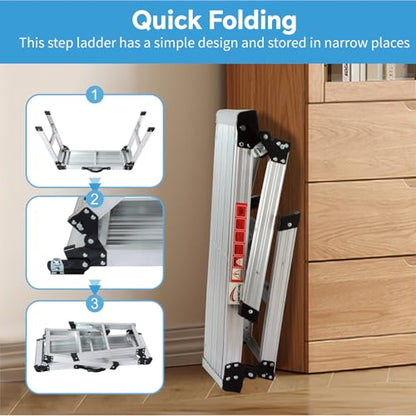 LEADALLWAY Aluminum Work Platform Step Ladder with Handle Heavy Duty Foldable Step Stool 330 Lbs Capacity Silver