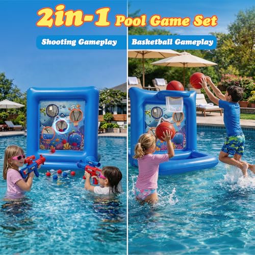 Pool Toys Games for Kids&Adults, 2-in-1 Pool Basketball Hoop with Shooting Target Game & with 2 Blasters, 40 Foam Balls, 4 Basketballs, Summer Outdoor Water Toys, Pool Party Lawn Backyard Games-Blue