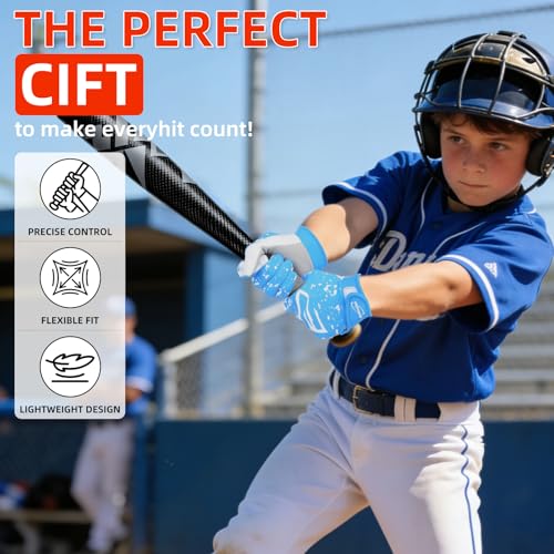 Youth Baseball Batting Gloves, Super Grip Kids Teeball & Softball Gloves for Boys & Girls - color: Blue/White, size: Youth M/L(6in-6.5in)